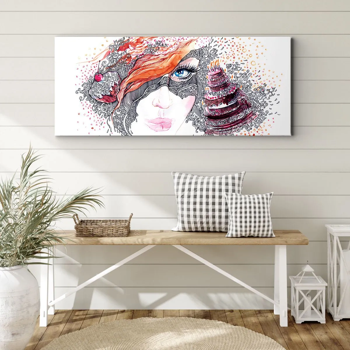 Quadro su tela - Stampe su Tela - Ritratto artistico di una donna con dettagli e un accento rosso - 120x50cm - Con lei ogni giorno è festa - Decorazione murale moderna per soggiorno e camera da letto ARTTOR