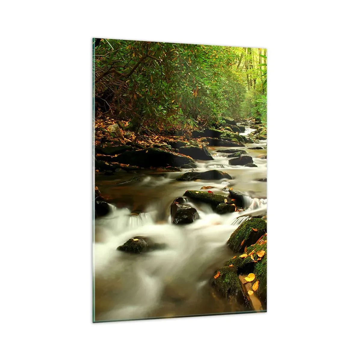 Quadro su vetro - Un ruscello nella foresta che scorre tra le pietre circondato dal verde - 80x120cm - Come argento liquido - Decorazione murale moderna per soggiorno e camera da letto ARTTOR
