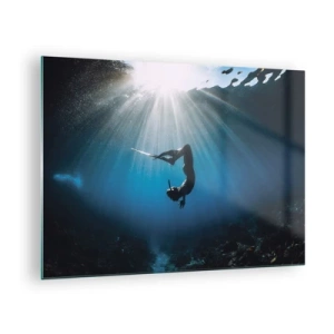 Quadro su vetro - Un subacqueo che si muove sott'acqua sotto i raggi di luce - 70x50cm - Danza subacquea - Decorazione murale moderna per soggiorno e camera da letto ARTTOR