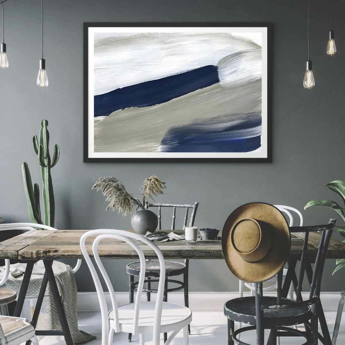 Poster in cornice nera - Pennellate astratte in tonalità di blu e grigio - 70x50cm - Incontro con il bianco - Decorazione murale moderna per soggiorno e camera da letto ARTTOR