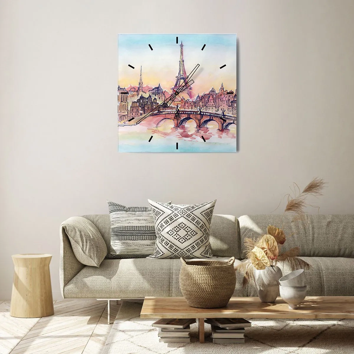 Orologio da parete - Orologio in Vetro - Panorama acquerello di Parigi con la Torre Eiffel al tramonto - 30x30cm - L'unica città così al mondo - Decorazione murale moderna per soggiorno e camera da letto ARTTOR