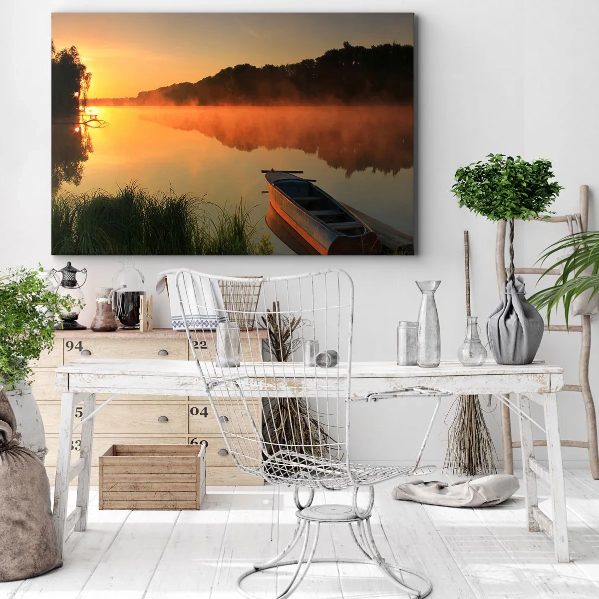 Quadro su tela - Stampe su Tela - Nebbia mattutina sul fiume con una barca sotto i raggi del sole - 100x70cm - Alba sull'acqua, come uno specchio - Decorazione murale moderna per soggiorno e camera da letto ARTTOR