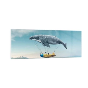 Quadro su vetro - Una balena volante trasporta un aereo in un'ambientazione surreale. - 140x50cm - Perché no? - Decorazione murale moderna per soggiorno e camera da letto ARTTOR