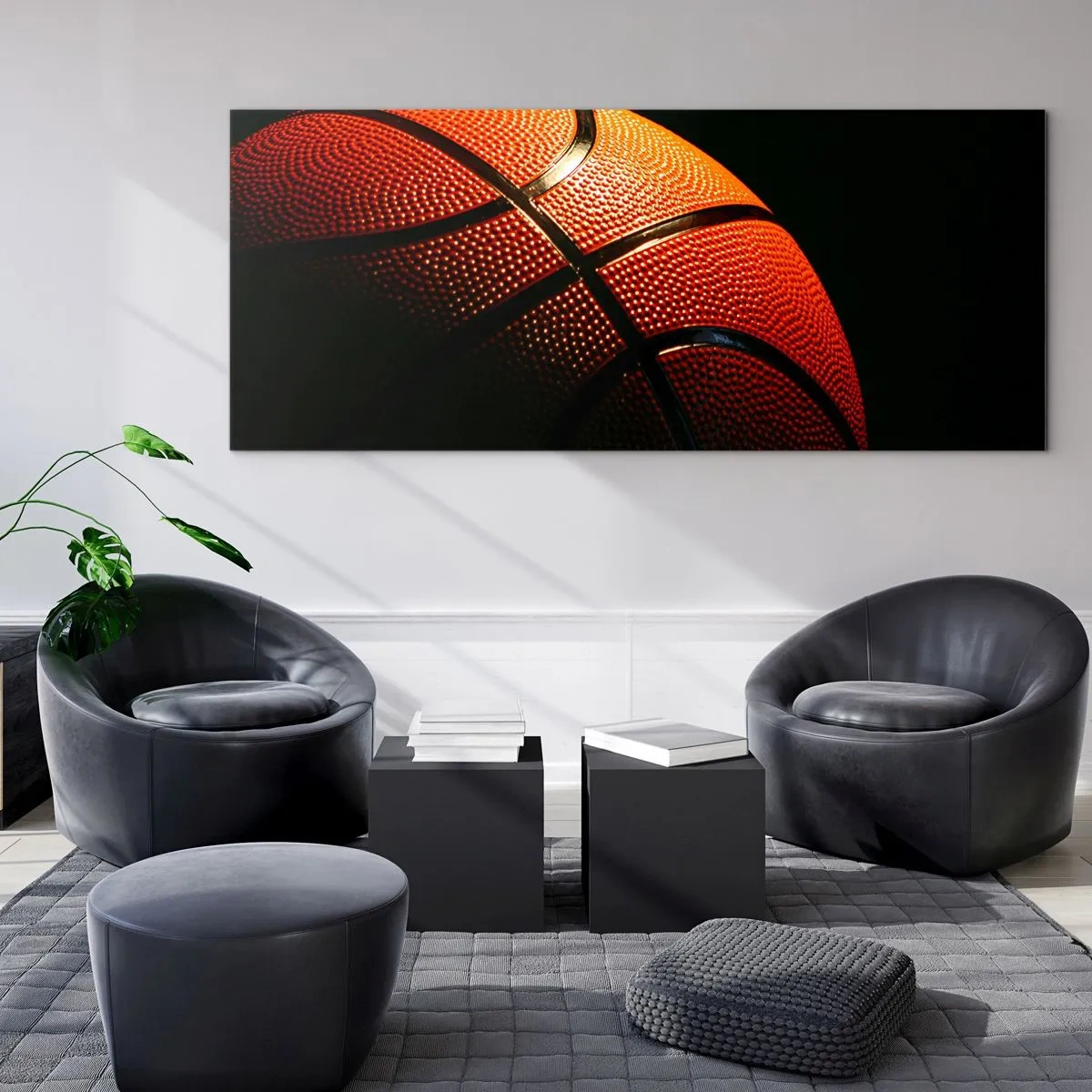 Quadro su vetro - Primo piano di un pallone da basket su sfondo nero - 120x50cm - Bella come un pianeta - Decorazione murale moderna per soggiorno e camera da letto ARTTOR