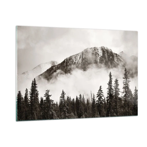 Quadro su vetro - Paesaggio montano con foresta e nebbia nei toni seppia - 120x80cm - Il sovrano di granito - Decorazione murale moderna per soggiorno e camera da letto ARTTOR