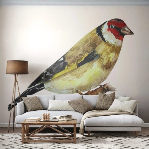 Fotomurali Premium Sand - Illustrazione ad acquerello di un cardellino su un ramo - 100x70cm - Ritratto di uccello - Decorazione murale moderna per soggiorno e camera da letto ARTTOR