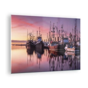 Quadro su vetro - Barche da pesca al tramonto in un porto tranquillo - 70x50cm - Prima del giorno successivo - Decorazione murale moderna per soggiorno e camera da letto ARTTOR