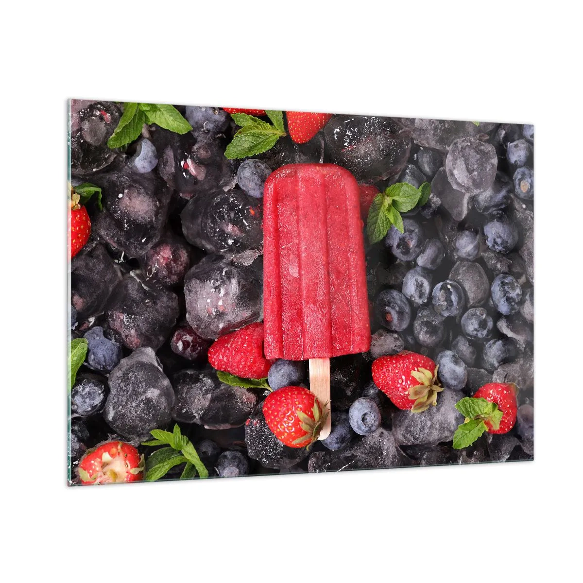 Quadro su vetro - Un bastoncino di ghiaccio tra frutta congelata e foglie di menta - 100x70cm - Il sapore della calda estate - Decorazione murale moderna per soggiorno e camera da letto ARTTOR