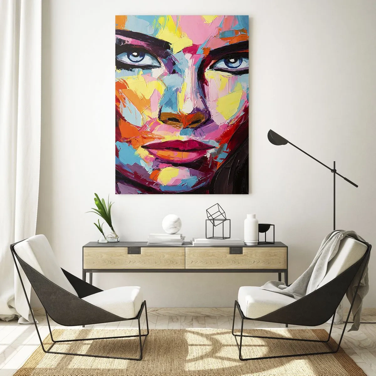 Quadro su vetro - Un ritratto astratto e colorato di una donna dai colori intensi. - 80x120cm - Anche l'anima è colorata - Decorazione murale moderna per soggiorno e camera da letto ARTTOR