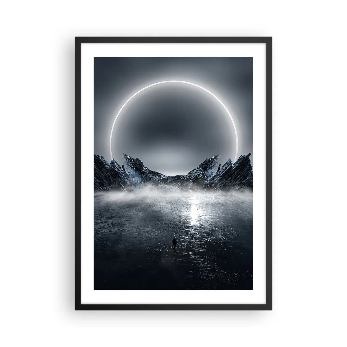 Poster in cornice nera - Un paesaggio misterioso con un cerchio luminoso nel cielo - 50x70cm - La fine del racconto - Decorazione murale moderna per soggiorno e camera da letto ARTTOR