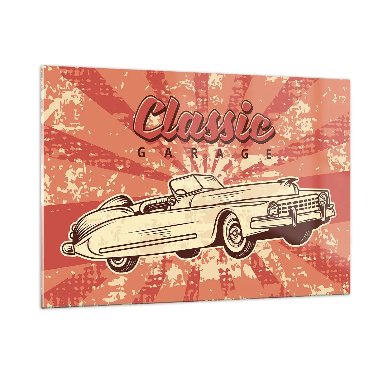 Quadro su vetro - Grafica retrò di un'auto d'epoca su uno sfondo di raggi - 120x80cm - E alla radio Elvis - Decorazione murale moderna per soggiorno e camera da letto ARTTOR