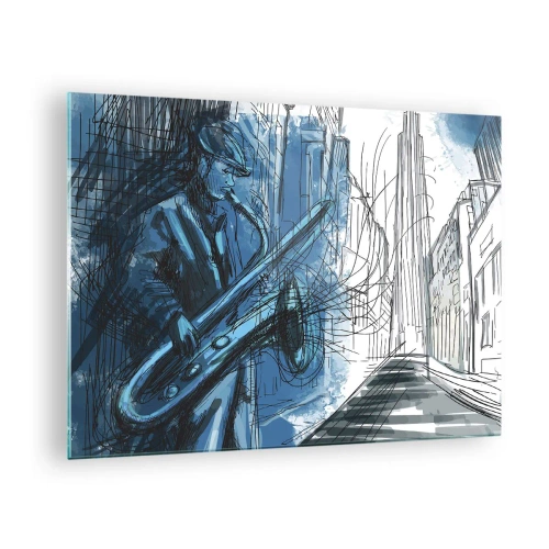 Quadro su vetro - Sassofonista jazz in un ambiente urbano dai toni blu - 70x50cm - Rapsodia urbana - Decorazione murale moderna per soggiorno e camera da letto ARTTOR