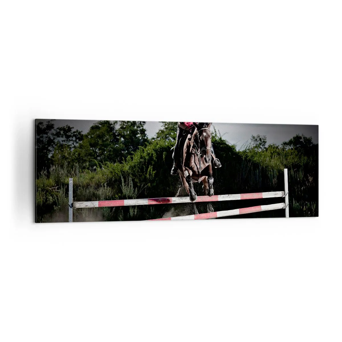 Quadro su tela - Stampe su Tela - Un cavaliere su un cavallo che salta un ostacolo su una pista da corsa - 160x50cm - Insieme fino alla vittoria - Decorazione murale moderna per soggiorno e camera da letto ARTTOR