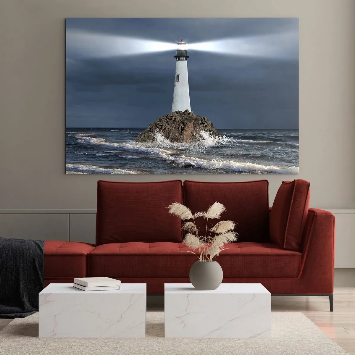 Quadro su vetro - Un faro su una roccia in mezzo alle onde agitate di notte - 120x80cm - Qui...qui... qui! - Decorazione murale moderna per soggiorno e camera da letto ARTTOR