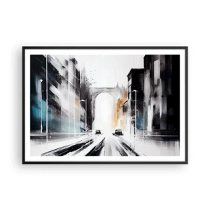 Poster in cornice nera - Panorama astratto della città con un ponte ad arco - 100x70cm - Studio di città: architettura e movimento - Decorazione murale moderna per soggiorno e camera da letto ARTTOR