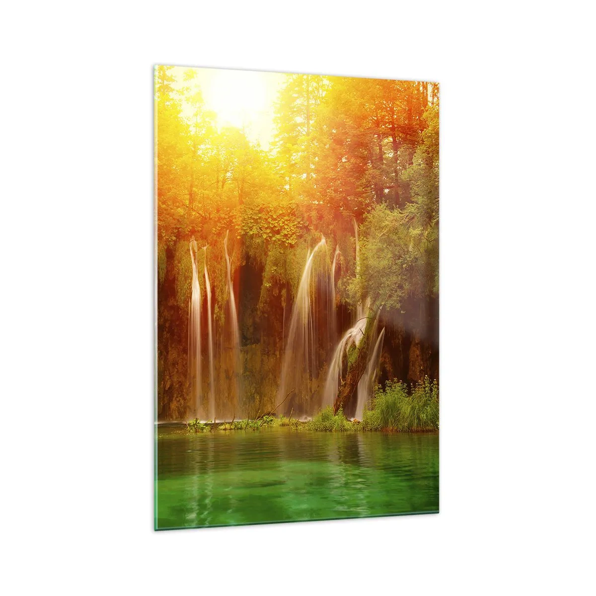 Quadro su vetro - Cascate immerse nel verde al chiarore del sole al tramonto - 70x100cm - Al sole e all'ombra - Decorazione murale moderna per soggiorno e camera da letto ARTTOR