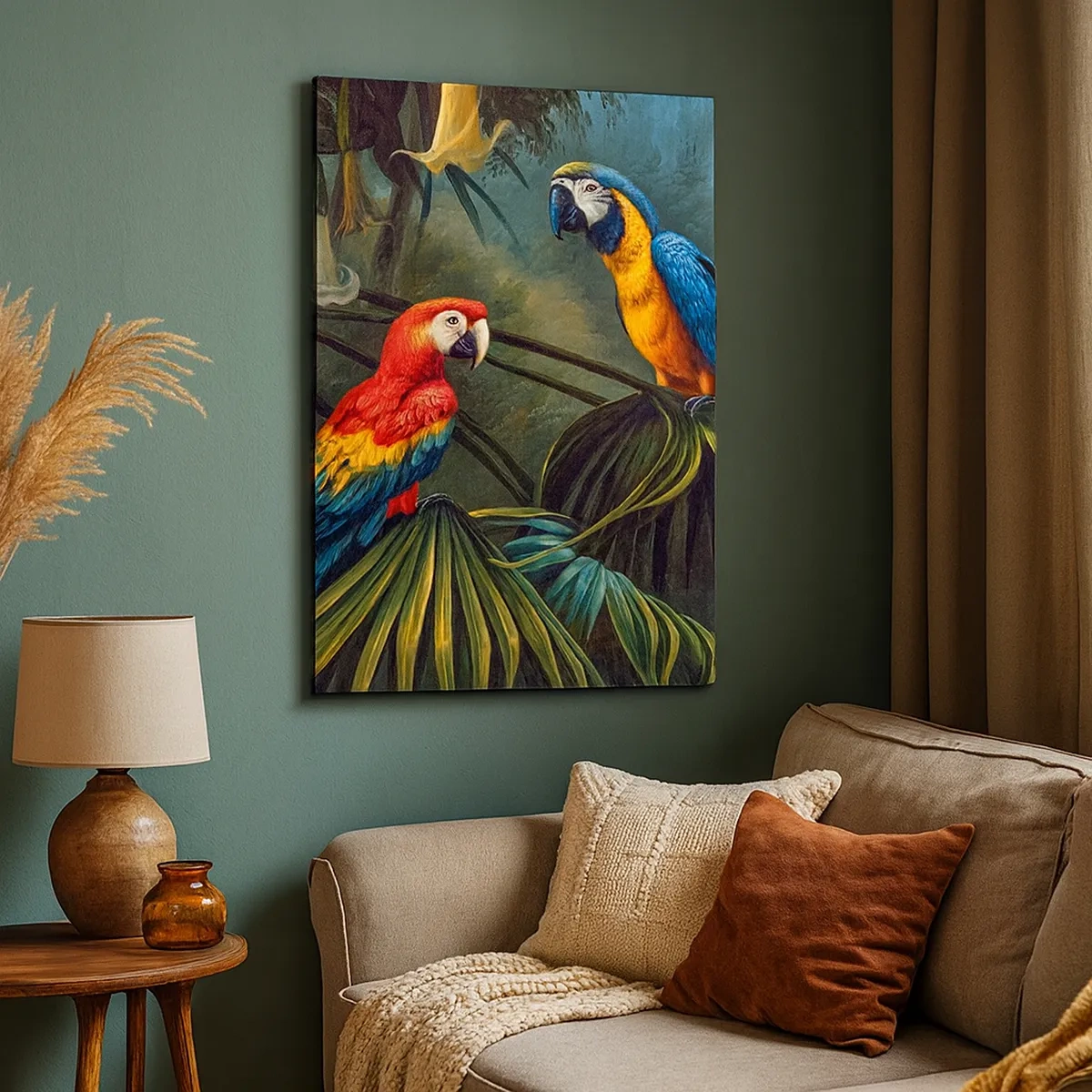 Quadro su tela - Stampe su Tela - Pappagalli in una foresta tropicale con fiori esotici sullo sfondo - 50x70cm - Romanticità ai tropici - Decorazione murale moderna per soggiorno e camera da letto ARTTOR