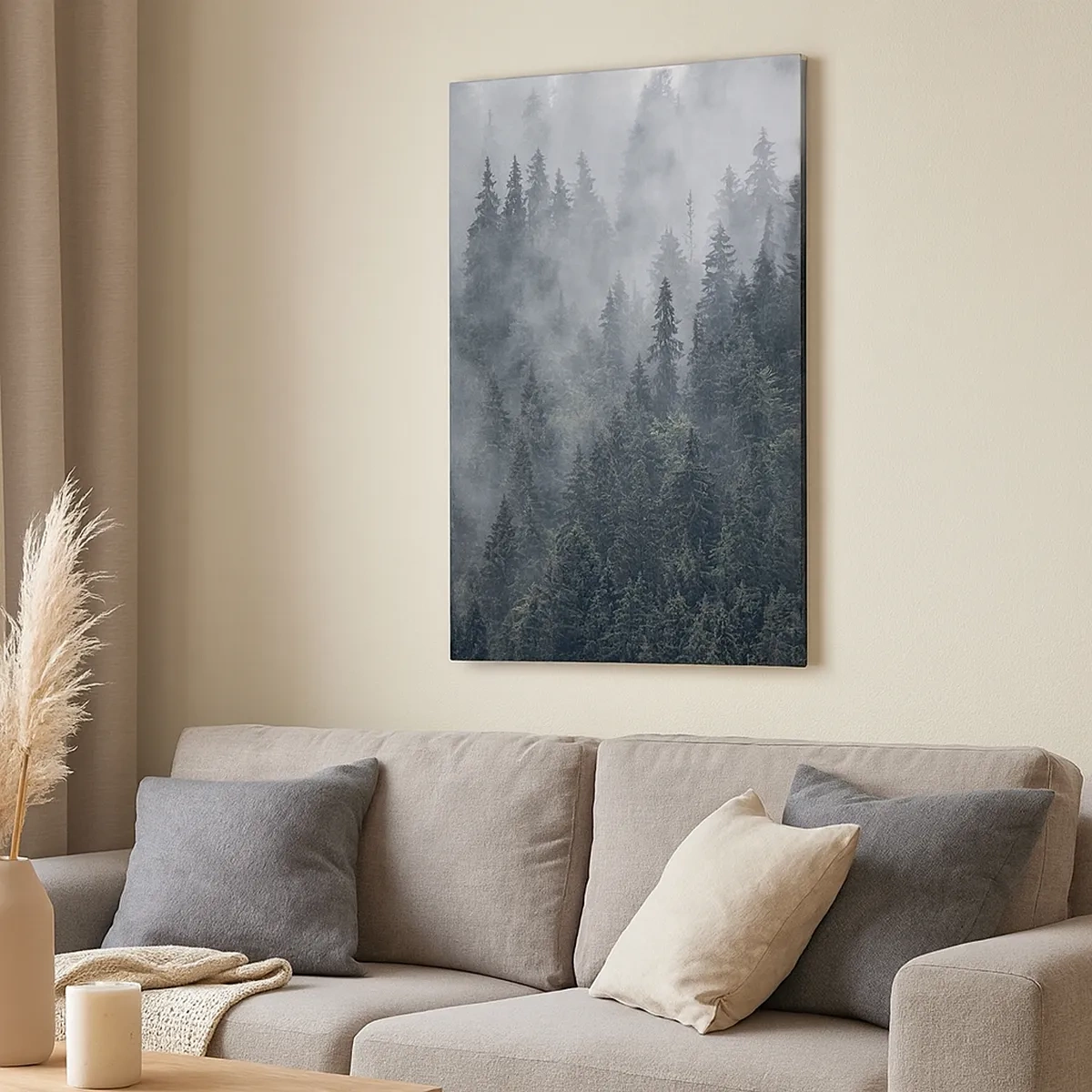 Quadro su tela - Stampe su Tela - Foresta di conifere nebbiosa nei toni del grigio e del verde - 50x70cm - Alba nel bosco - Decorazione murale moderna per soggiorno e camera da letto ARTTOR