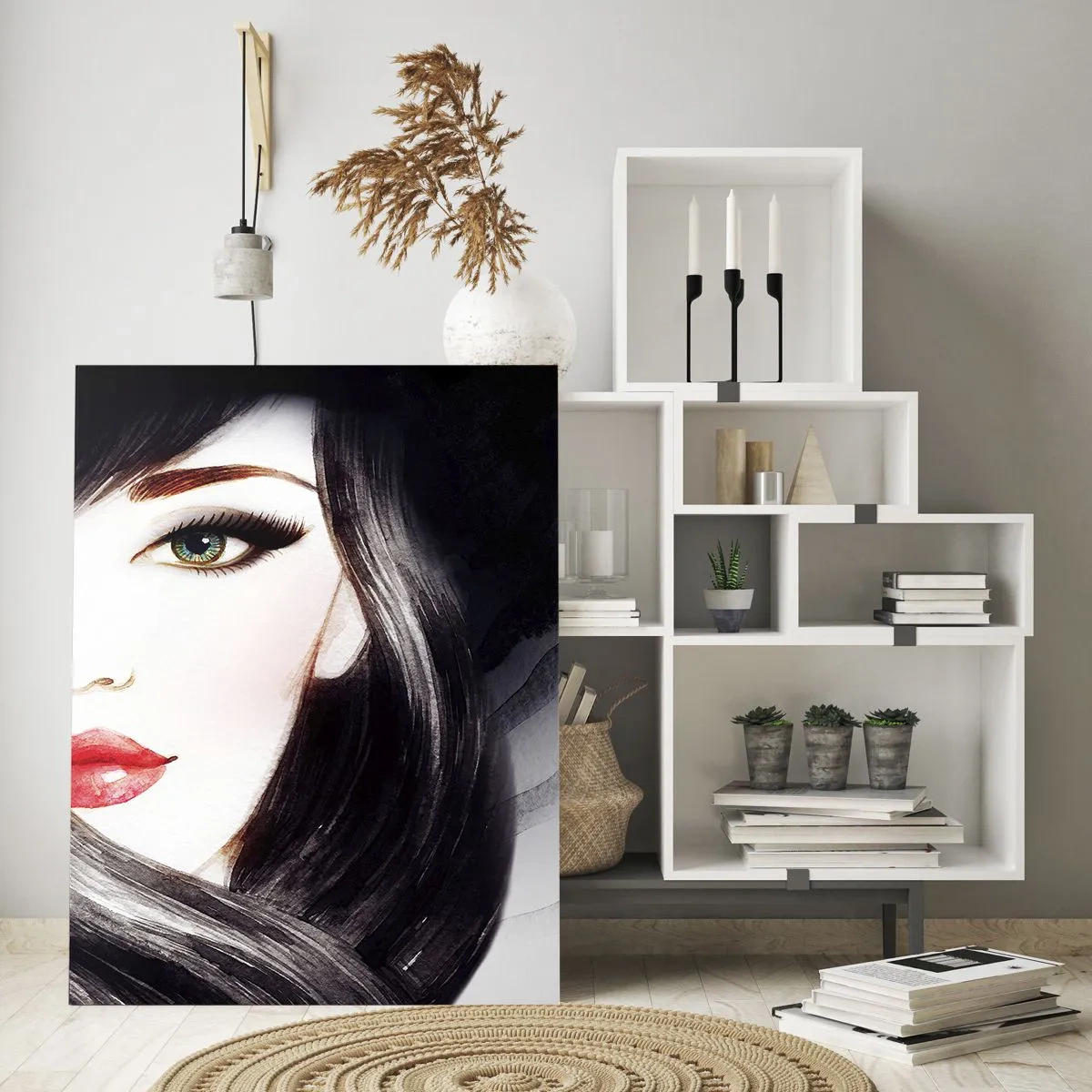 Quadro su vetro - Ritratto di una donna con capelli neri e labbra rosse espressive - 50x70cm - Sguardo di zaffiro - Decorazione murale moderna per soggiorno e camera da letto ARTTOR