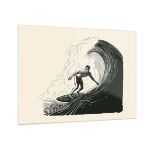 Quadro su vetro - Surfista che cavalca un'onda alta in uno stile di disegno retrò - 70x50cm - Il re delle onde - Decorazione murale moderna per soggiorno e camera da letto ARTTOR