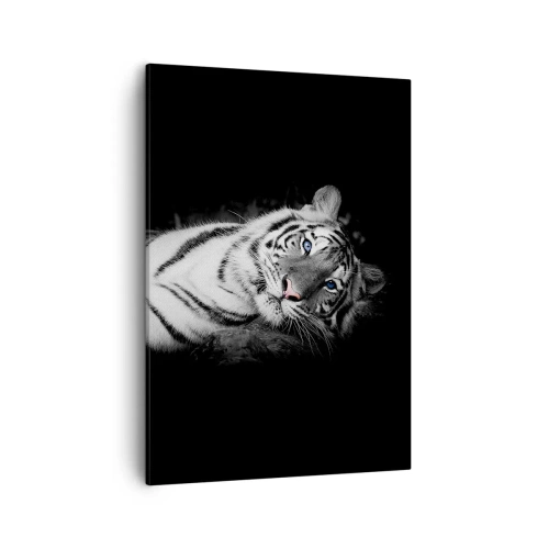 Quadro su tela - Stampe su Tela - Una tigre bianca artisticamente raffigurata su uno sfondo nero - 50x70cm - Selvaggità e pace - Decorazione murale moderna per soggiorno e camera da letto ARTTOR