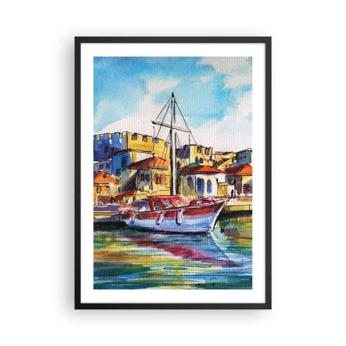 Poster in cornice nera - Un dipinto ad acquerello colorato di uno yacht in una città di mare - 50x70cm - Un colorato pomeriggio - Decorazione murale moderna per soggiorno e camera da letto ARTTOR