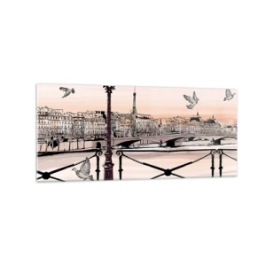 Quadro su vetro - Veduta parigina con lanterna e ponte - 120x50cm - Sui tetti di Parigi - Decorazione murale moderna per soggiorno e camera da letto ARTTOR