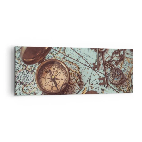 Quadro su tela - Stampe su Tela - Composizione con bussola, chiavi e una vecchia mappa in stile retrò - 140x50cm - Per il cercatore di avventure - Decorazione murale moderna per soggiorno e camera da letto ARTTOR