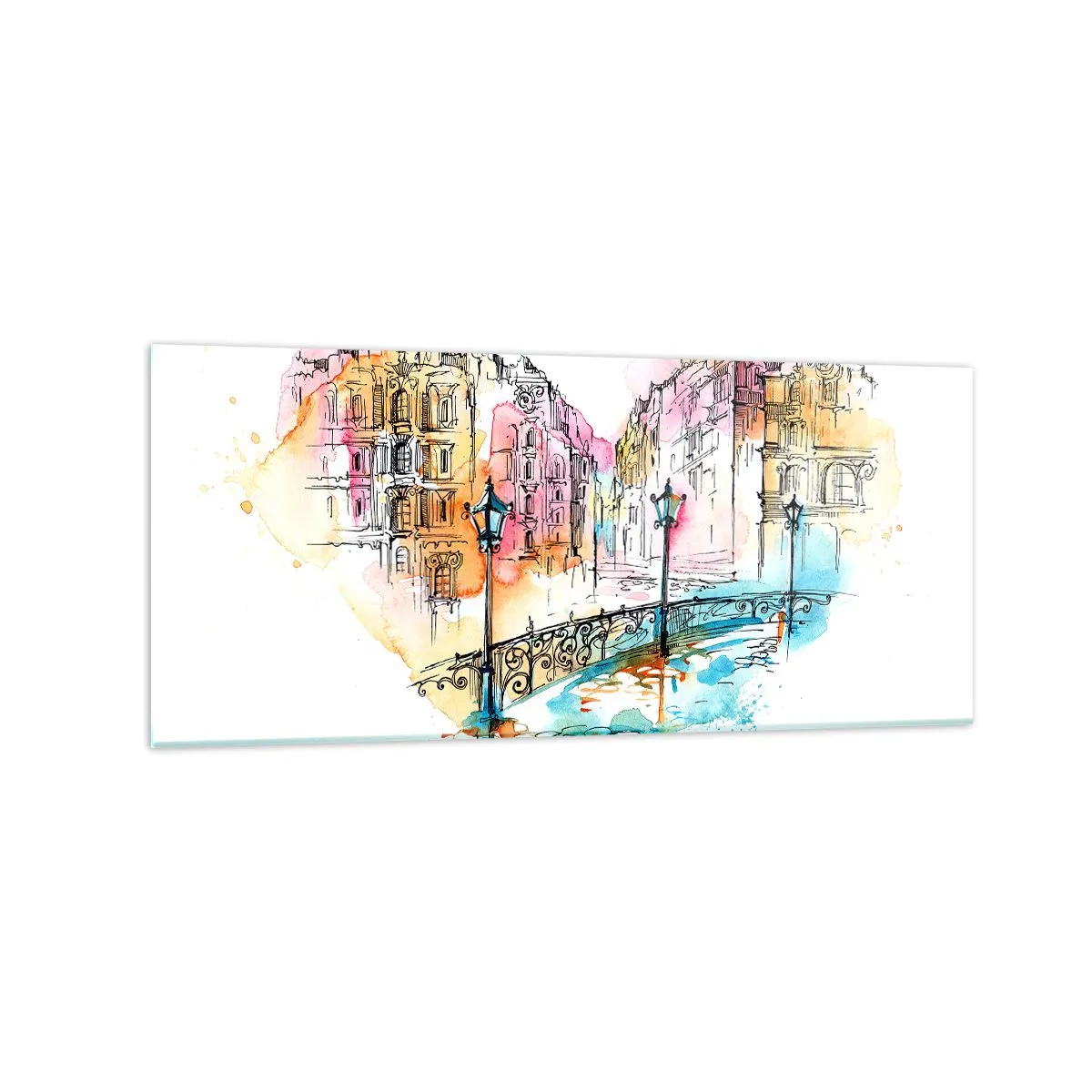 Quadro su vetro - Acquerello di un ponte e case popolari a forma di cuore - 120x50cm - Il cuore della città - Decorazione murale moderna per soggiorno e camera da letto ARTTOR
