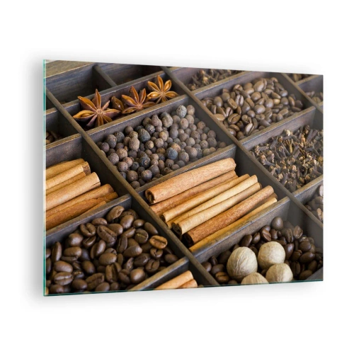 Quadro su vetro - Spezie in scomparti di legno - 70x50cm - Il tesoro degli aromi - Decorazione murale moderna per soggiorno e camera da letto ARTTOR