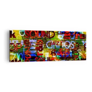 Quadro su tela - Stampe su Tela - Astrazione colorata con iscrizioni musicali in stile pop art - 140x50cm - Tutti i colori del suono - Decorazione murale moderna per soggiorno e camera da letto ARTTOR