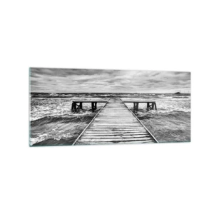 Quadro su vetro - Una vista in bianco e nero di un molo di legno su un mare in tempesta. - 120x50cm - Aspetto che il vento le scacci via... - Decorazione murale moderna per soggiorno e camera da letto ARTTOR