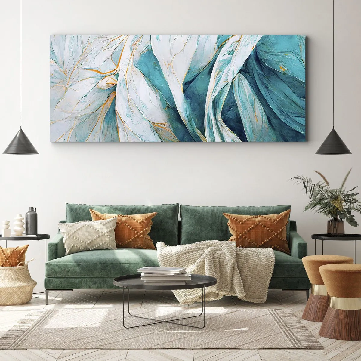 Quadro su tela - Stampe su Tela - Astrazione blu con motivi d'oro - 100x40 cm