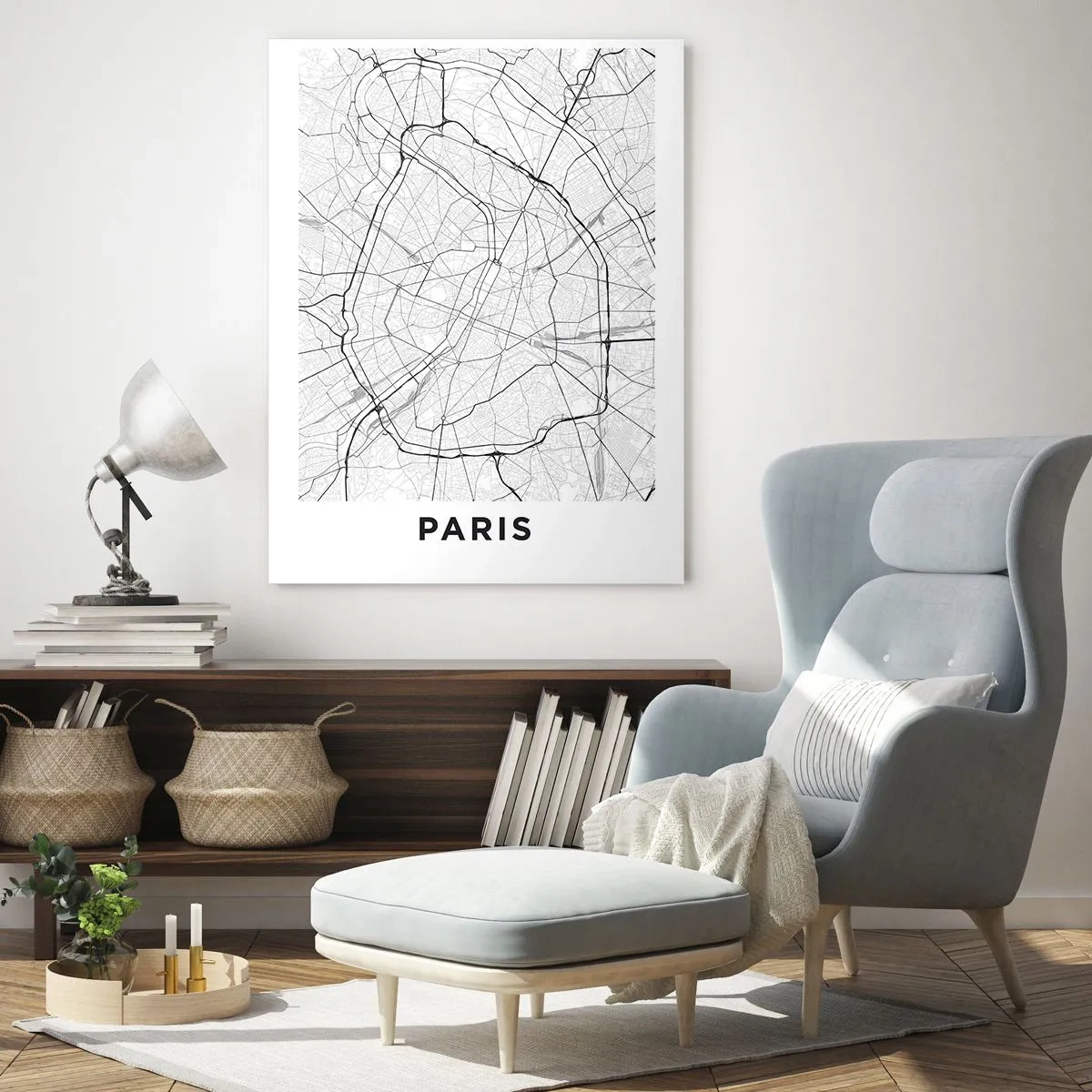 Quadro su vetro - Mappa della città in bianco e nero con griglia stradale e arterie circolari - 50x70cm - Il fiore di Parigi - Decorazione murale moderna per soggiorno e camera da letto ARTTOR