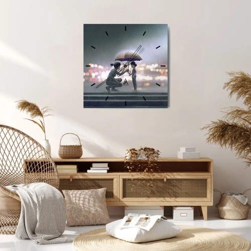 Orologio da parete - Orologio in Vetro - Una figura con un ombrello che protegge un bambino sullo sfondo delle luci notturne. - 30x30cm - E già tutto va bene - Decorazione murale moderna per soggiorno e camera da letto ARTTOR