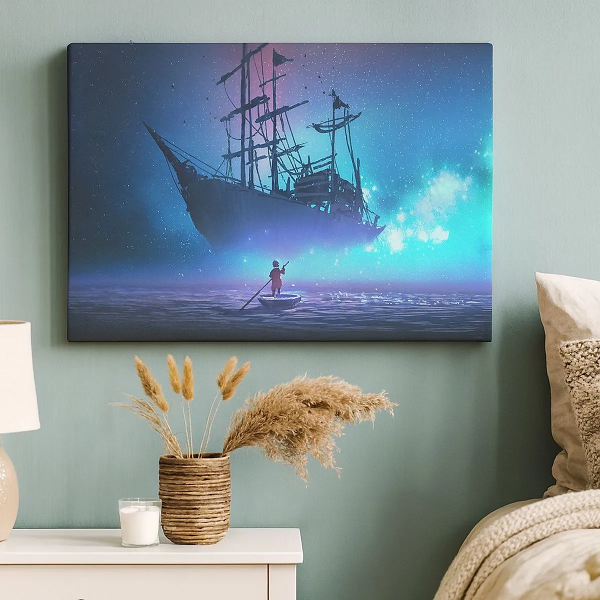 Quadro su tela - Stampe su Tela - Una nave fantastica contro il cielo stellato - 70x50cm - Incontro con il mito del mare - Decorazione murale moderna per soggiorno e camera da letto ARTTOR