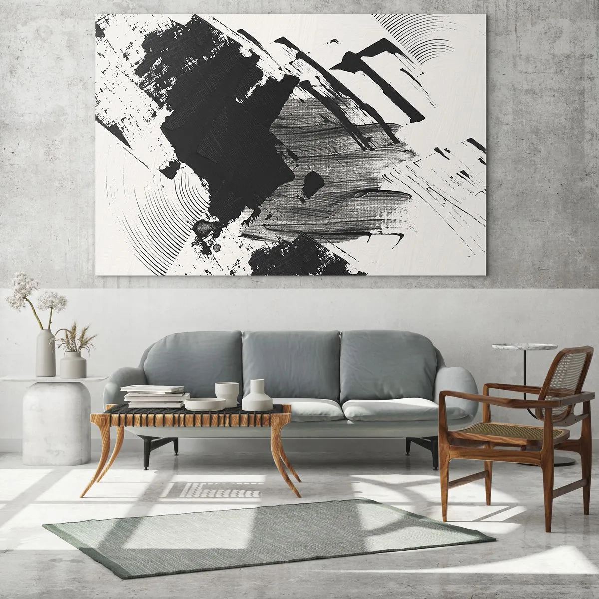 Quadro su vetro - Astrazione espressiva in bianco e nero con tratti dinamici. - 70x50cm - Astrazione: espressione di nero - Decorazione murale moderna per soggiorno e camera da letto ARTTOR