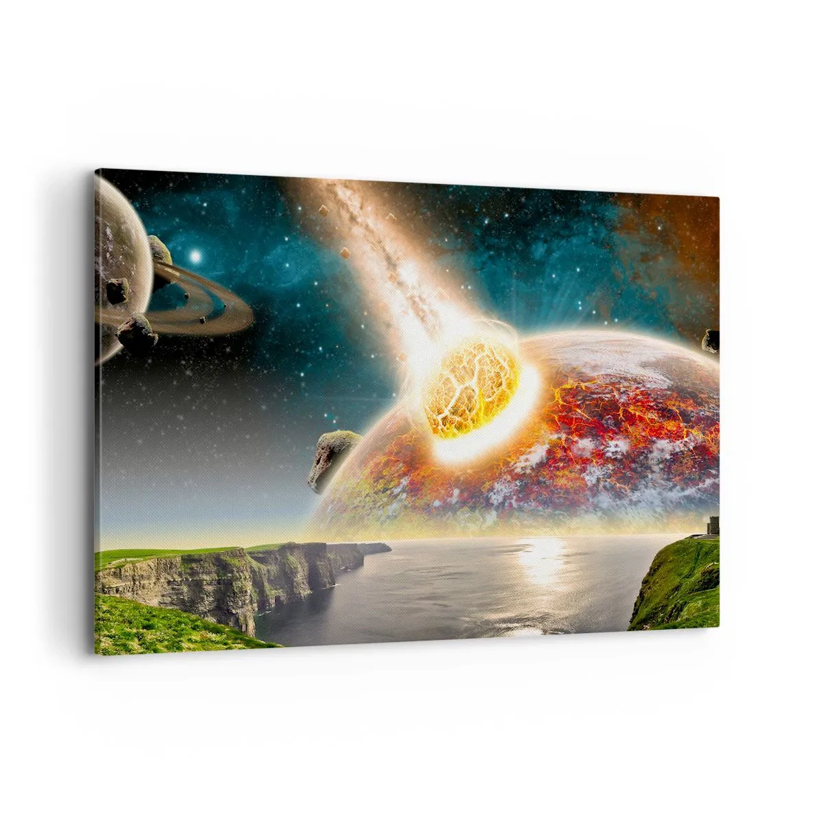 Quadro su tela - Stampe su Tela - Un meteorite si scontra con un pianeta in un paesaggio cosmico. - 120x80cm - Dramma cosmico - Decorazione murale moderna per soggiorno e camera da letto ARTTOR