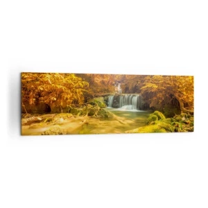 Quadro su tela - Stampe su Tela - Una cascata dorata in una foresta autunnale circondata dal verde - 160x50cm - Cascata boschiva in oro - Decorazione murale moderna per soggiorno e camera da letto ARTTOR