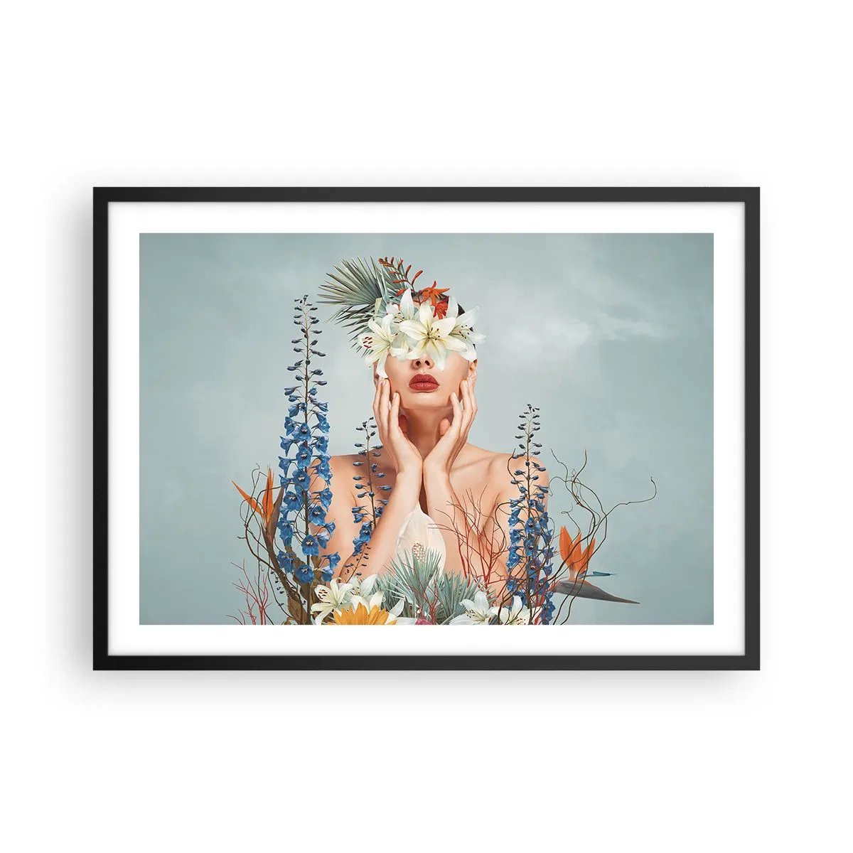 Poster in cornice nera - Ritratto di donna con motivo floreale su sfondo blu - 70x50cm - Donna - fiore - Decorazione murale moderna per soggiorno e camera da letto ARTTOR
