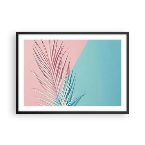 Poster in cornice nera - Foglia tropicale su uno sfondo di tonalità pastello di rosa e blu - 70x50cm - Impressione tropicale - Decorazione murale moderna per soggiorno e camera da letto ARTTOR