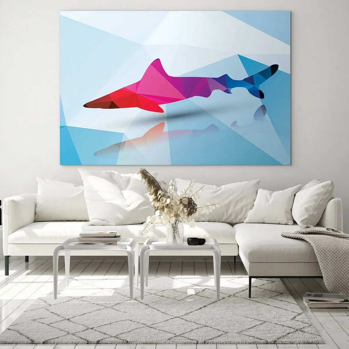 Quadro su vetro - Squalo geometrico nei toni del rosso e del blu - 70x50cm - Squalo nello spazio di cristallo - Decorazione murale moderna per soggiorno e camera da letto ARTTOR