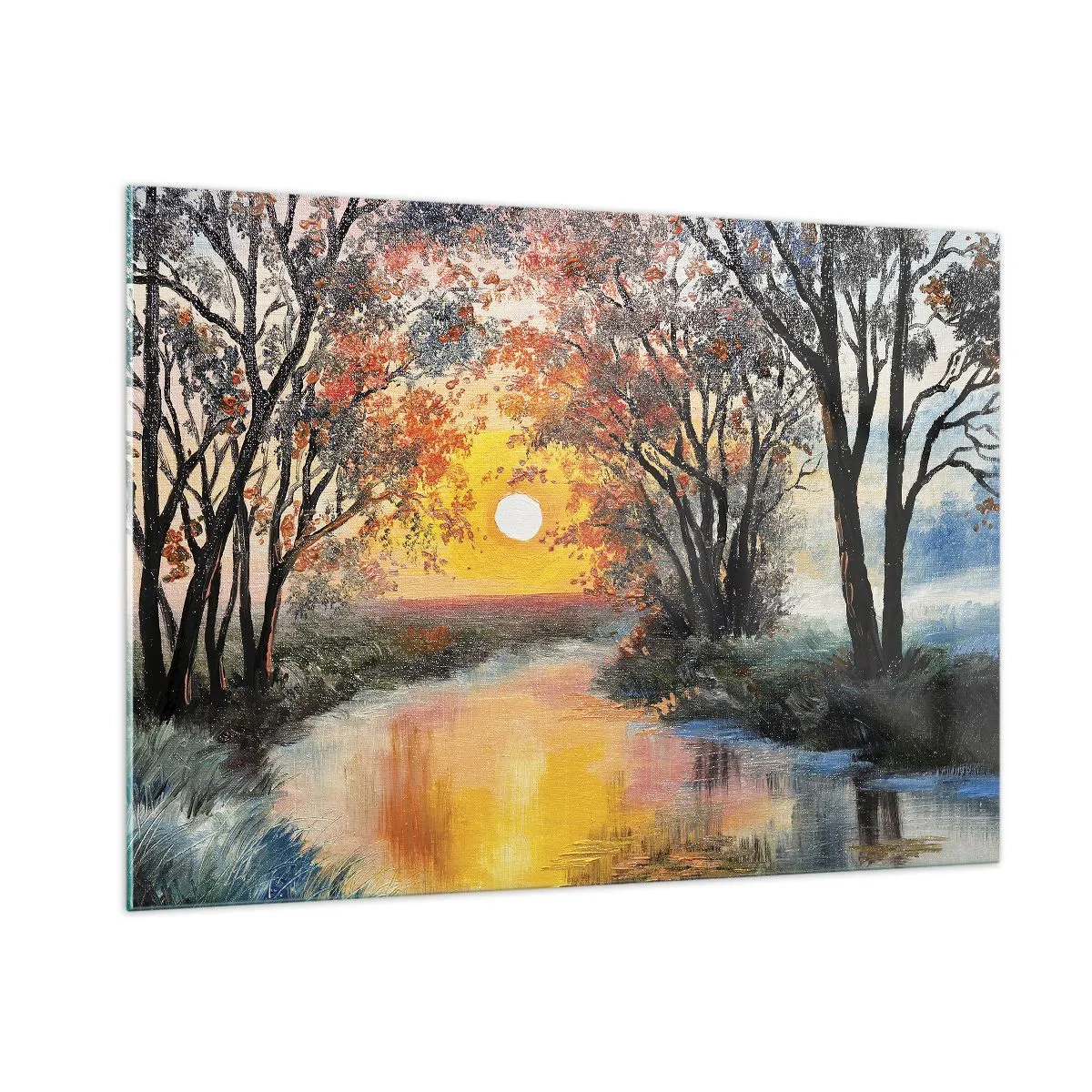 Quadro su vetro - Tramonto sul fiume tra gli alberi - 100x70cm - Atmosfera autunnale - Decorazione murale moderna per soggiorno e camera da letto ARTTOR