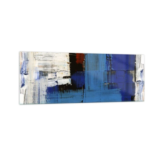 Quadro su vetro - Composizione astratta nei toni del blu e del bianco - 140x50cm - I segreti del blu - Decorazione murale moderna per soggiorno e camera da letto ARTTOR