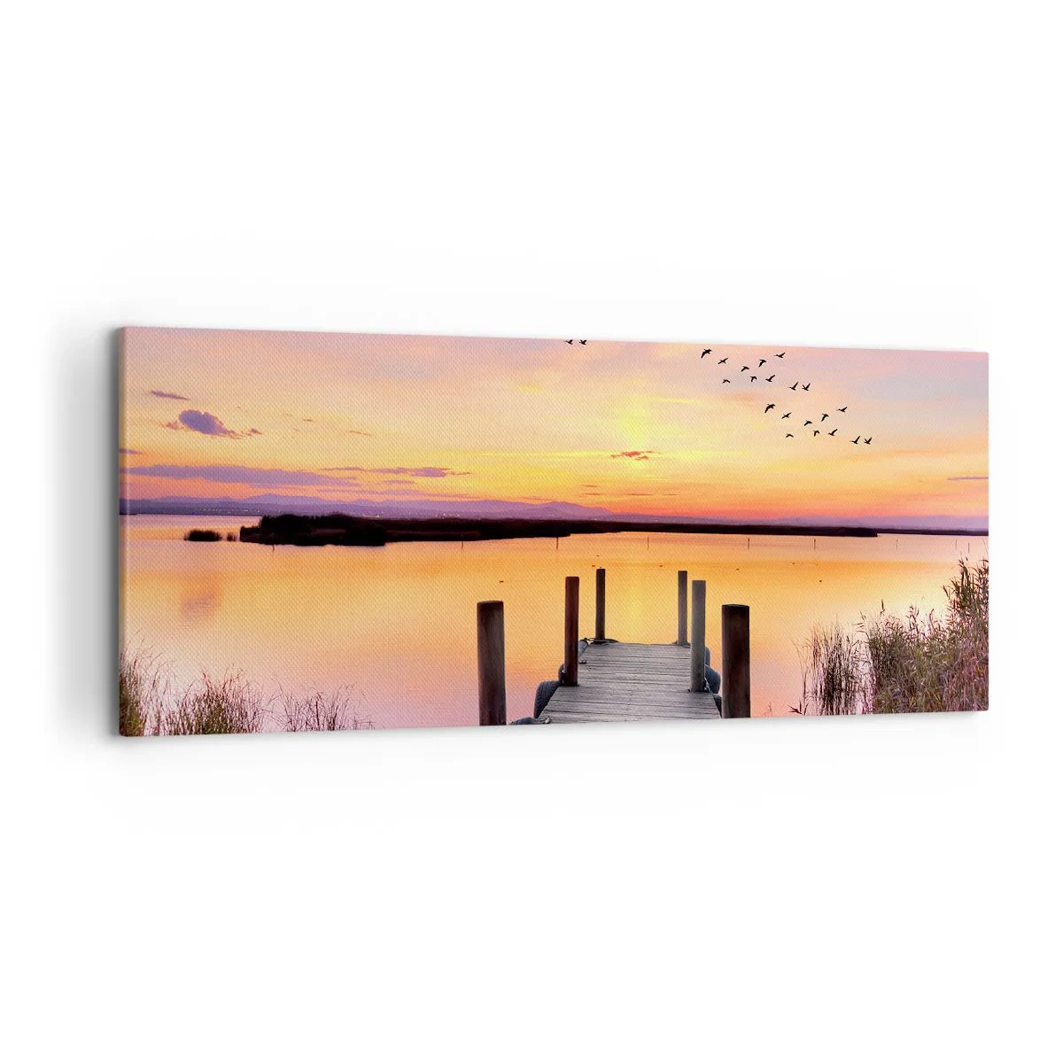 Quadro su tela - Stampe su Tela - Un molo su un lago al tramonto con uccelli nel cielo - 120x50cm - Alba viola e silenziosa - Decorazione murale moderna per soggiorno e camera da letto ARTTOR