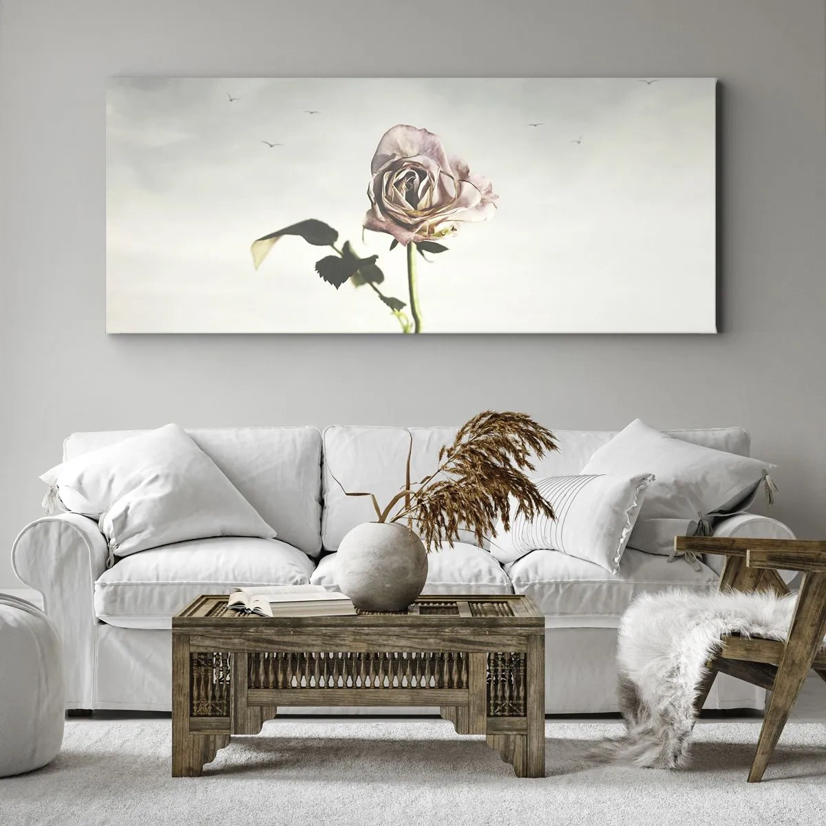 Quadro su tela - Stampe su Tela - Una rosa delicata contro un cielo luminoso con uccelli che volano - 160x50cm - Il benvenuto alla primavera - Decorazione murale moderna per soggiorno e camera da letto ARTTOR