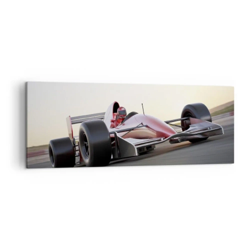 Quadro su tela - Stampe su Tela - Una macchina rossa di Formula 1 su una pista da corsa mentre guida - 140x50cm - Sempre vincente - Decorazione murale moderna per soggiorno e camera da letto ARTTOR