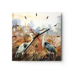 Orologio da parete - Orologio in Vetro - Due aironi sullo sfondo di un paesaggio autunnale - 30x30cm - Dove in autunno? - Decorazione murale moderna per soggiorno e camera da letto ARTTOR