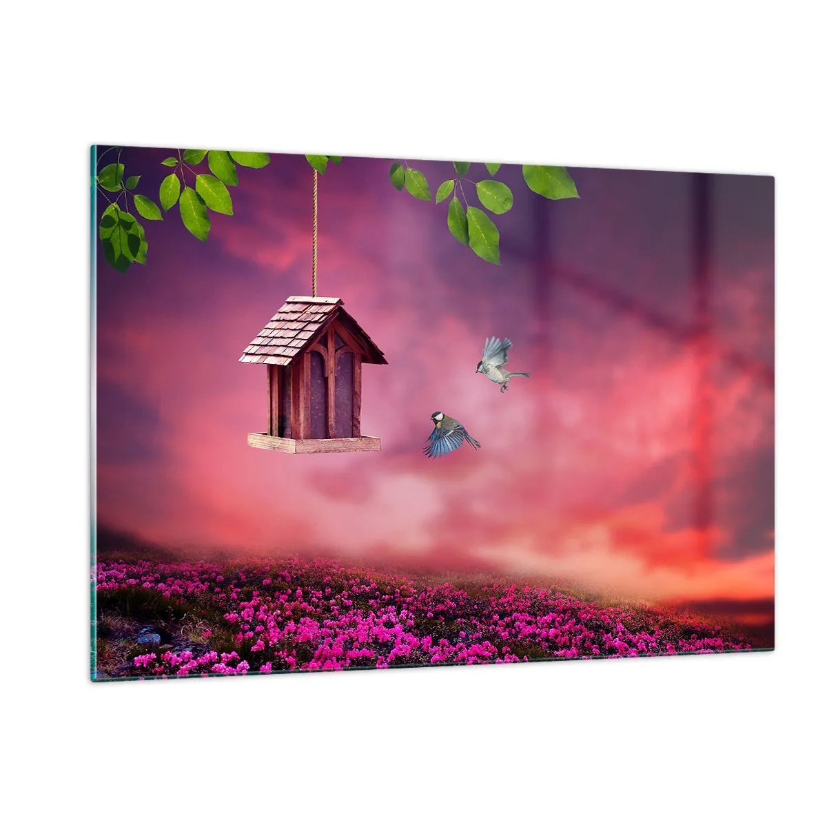 Quadro su vetro - Una mangiatoia per uccelli contro un cielo rosa - 120x80cm - Invito a cena - Decorazione murale moderna per soggiorno e camera da letto ARTTOR