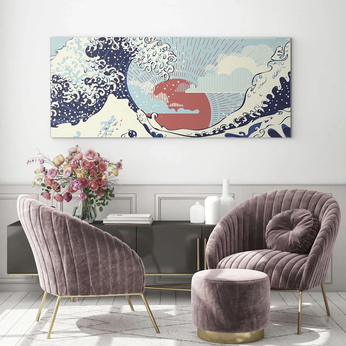 Quadro su vetro - Onde dell'oceano e un tramonto in stile giapponese - 160x50cm - Di ispirazione giapponese - Decorazione murale moderna per soggiorno e camera da letto ARTTOR